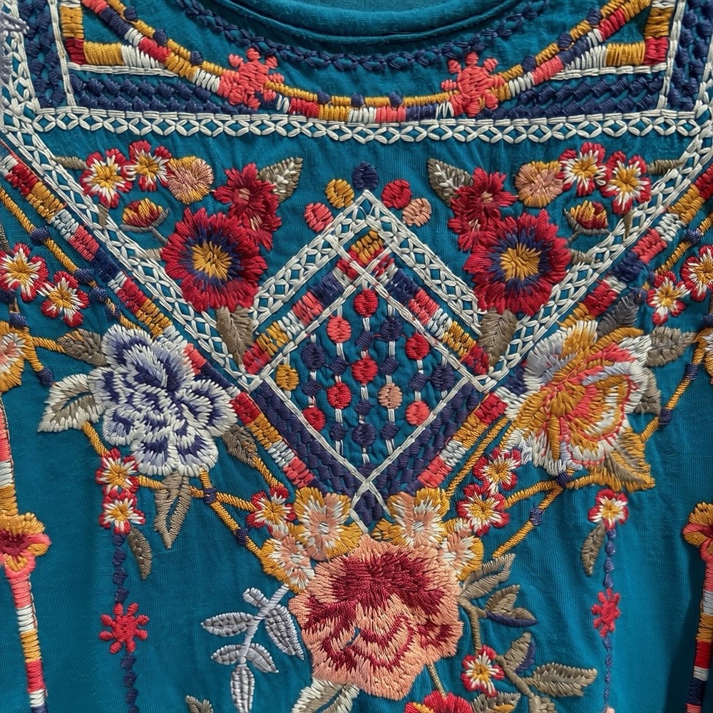 Johnny Was Los Angeles Teal Floral Embroidered Cotton Long-sleeve Top Size M - Picture 3 of 5